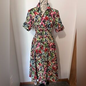 J.G. Hook 100% Linen Abstract Painterly Wrap Dress Multi Color Petite 6P